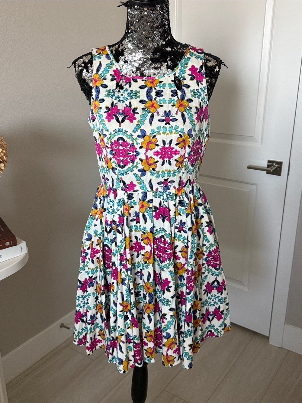 Sleeveless Floral Fit-and-Flare Mini Dress in White with Pink & Yellow Accents
